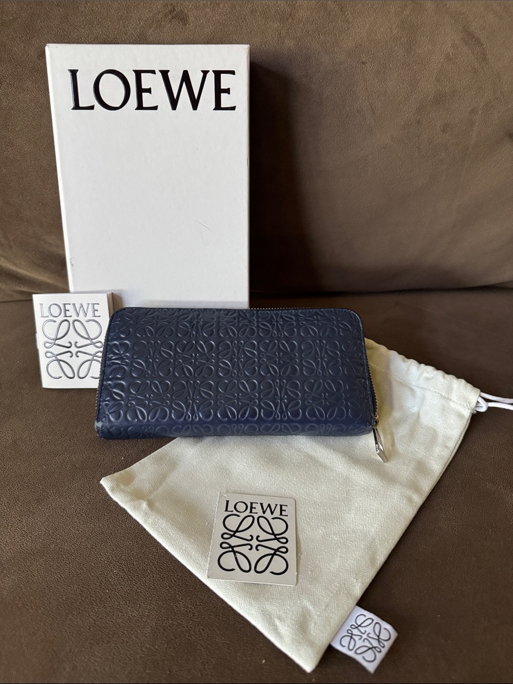 SOLD Loewe Navy Embossed Anagram Zip Around Wallet With box and Dustbag